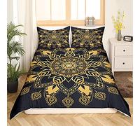 Loussiesd Bohemian Duvet Cover Set King,Black Golden Boho Chic Mandala Bedding Set3Pcs Soft Microfiber Decorative Gold Comforter With Zipper,Floral Printed Bed Cover