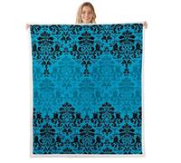 Loussiesd Boho Gothic Damask Sherpa Blanket Plush Fuzzy Gothic Teal Blue Damask Floral Fleece Throw Blanket Antique Victorian Baroque for Bed Couch Chair Living Room Bedroom Decor Queen 90x90Inch