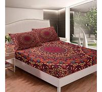 Loussiesd Boho Mandala Fitted Sheet Bohemian Style Bedding Set Hippie Mandala Printed Bed Sheet Set for Girls Women Bright Decorative Exotic Floral Bed Cover King Size 3Pcs