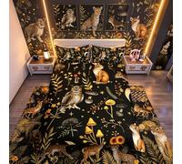 Loussiesd Boho Mushroom Comforter Cover Set King Size Cute Owl Squirrel Bedding Set for Children Botanical Floral Bedding Duvet Cover Set Room Decor Animlas Bedspread Cover