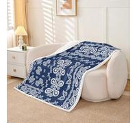 Loussiesd Boho Paisley Throw Blanket Jacquard Paisley Flower Soft Fleece Sherpa Cozy Fuzzy Plush Warm Navy Blue and White Floral Print Fuzzy Plush Throw Baby 30x40Inch for Bed Couch Living Room