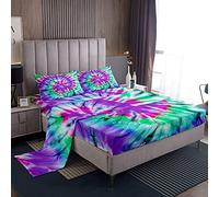 Loussiesd Boho Tie Dye Sheet Set Purple Teal Bohemian Gypsy Bed Sheets Spiral Tie Dye Fitted Sheet 4 Piece Bedding Includes 1 Sheets, 1 Flat Sheet, 2 Pillowcases Wrinkle, Fade Resistant (Double)