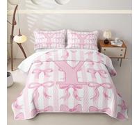 Loussiesd Bow 3 Piece Quilted Bedspread Double Size Pink and White Bow Microfiber Lightweight Bowknot Bedspread Coverlet with 2 Pillowcases Kawaii Bed Covers for All Season Personalized Initial Y