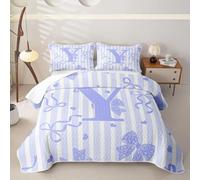 Loussiesd Bow 3 Piece Quilted Bedspread Double Size Purple White Bow Microfiber Lightweight Bowknot Bedspread Coverlet with 2 Pillowcases Kawaii Bed Covers for All Season Personalized Initial Y