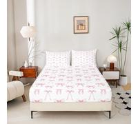 Loussiesd Bow Fitted Sheet Double Size for Kids Girls Pink Ribbon Bowknot Bed Sheets Set 16" Deep Pocket Soft Microfiber Princess Coquette Bedding with 2 Pillowcases Butterfly Knot Bow Tie Room Decor