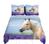 Loussiesd Boys Bedding Sets for Kids Teens Girls Youth Horse Duvet Cover Steed Lavender Bed Cover Wild Animal Bedspread Cover Decorative Wildlife Purple Floral Nature Comforter Cover Double