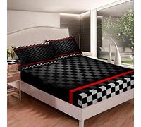 Loussiesd Boys Buffalo Check Fitted Sheet Modern Black White Plaid Bed Sheet Set For Kids Adults Grid Design Bedding Set Red Stripe Bed Cover Room Decor Single Size