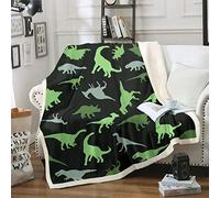 Loussiesd Boys' Cute Green Dino Fleece Sherpa Blanket - Jungle Animals Pattern Plush Throw for Sofa/Couch - Lightweight Black Wildlife Style - Single 50"x60"