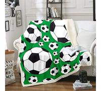 Loussiesd Boys Football Printed Sherpa Throw Blanket Sports Theme Black White Soccer Ball Pattern Warm Plush Blanket for Sofa Couch Microfiber Green Competitive Games Single 50"x60"