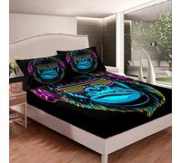 Loussiesd Boys Gorilla Bedding Set for Kids Teens Hip Hop Style Fitted Sheet Decorative Youth Rock Music Themed Bed Sheet Set Blue Pink Wild Animal Bed Cover King Size 3Pcs