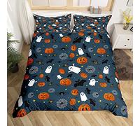 Loussiesd Boys Skull Duvet Cover Pumpkin Lantern Bedding Set for Kids Teens Halloween Horror Ghosts Bats Decor Navy Blue Quilt with 2 Pillowcases 3Pcs Bedding Double Boys