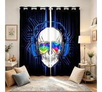 Loussiesd Boys Skull Window Curtains 3D Headphone Skeleton Curtain Tribal Ghost Blue Window Drapes Kids Young Man Gamer Bedroom Living Room Circuit Board Window Treatments W46*L54