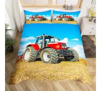 Loussiesd Boys Tractor Bedding Set Men Construction Cars Pattern Comforter Cover for Kids Children Red Heavy Machinery Vehicles Duvet Cover Farming Simulators Bedspread Room Decor Quilt Cover Single