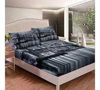 Loussiesd Brooklyn Bridge Bed Sheet Set Kids New York City Black and White Bed Sheets Famous Town Image Fitted Sheet 2Pcs Single Size