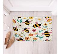 Loussiesd Bumble Bee Print Bathroom Rugs Wild Flower Floor Doormats Spring Floral Pattern Bathroom Accessories Cartoon Bee Bath Mats 16x24Inch Soft Microfiber