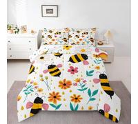 Loussiesd Bumble Bee Print Duvet Set Wild Flower Bedding Set with 2 Pillow Cases Spring Floral Pattern Microfiber Kids Double Size Bedclothes Bedroom Decor Down Comforter Breathable Soft Lightweight