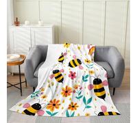 Loussiesd Bumble Bee Print Flannel Fleece Throw Blanket Wild Flower 40x50Inch Spring Floral Pattern Fleece Throw Blanket for Kids Women Men for Bed Couch Chair Living Room Bedroom Decor