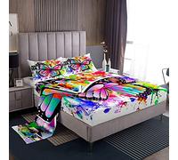 Loussiesd Butterfly Bed Sheet Set for Girls Kids Rainbow Butterfly Fitted Sheet Colorful Flying Butterflies Bedding Sheets 3D Animal Bed Cover With 1 Flat Sheet+ 1 Fitted Sheet+ 2 Pillowcase Double