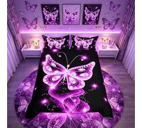 Loussiesd Butterfly Bedding Set Galaxy Bedclothes Double Kids Boys Girls Teens Dreamy Diamond Feather Print Duvet Cover Set Sparkle Black Purple Decor Microfiber Bedclothes 3 Pieces
