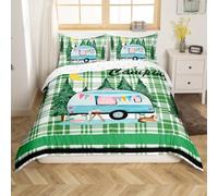 Loussiesd Camper Duvet Cover Set Super King Size For Kids Boys Girls Teens Bedroom Happy Camping Bedding Set RV Camping Green Plaid Comforter Cover with 2 Pillowcases