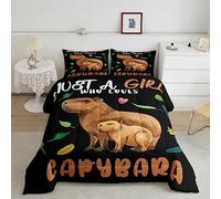 Loussiesd Capybara Duvet Set Double Size Kids Gifts for Capybara Lovers Duvet Insert for Boys Teens Capybara Animals Lovers Bedding Set Flroal Pattern Brown Black Down Duvet Room Decor Quilt Set