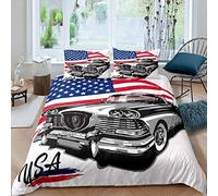 Loussiesd Car Print Duvet Cover Retro American Style Bedding Set American Flag Pattern Comforter Cover for Kids Adults Room Decor Vintage Car Bedspread Cover King Size With 2 Pillow Case