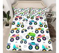 Loussiesd Cars Bed Sheet Set Cute Monster Truck Bedding Sheets Kids Boys Heavy Machinery Equipment Bedding Fitted Sheet Cool Vehicle Modified Colorful Bed Cover 2Pcs Single Size