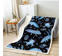 Loussiesd Cartoon Axolotl Sherpa Blanket Kawaii Axolotl Plush Blanket 3D Animals Fleece Throw Blanket for Bed Sofa Kids Salamander Black Blue Warm Fuzzy Blanket Ultra Soft 40x50 Inch