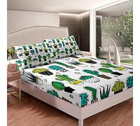 Loussiesd Cartoon Cactus Sheets Botanical Floral Bed Sheet Set Boho Succulent Bedding Set for Kids Boys Girls Potted Plants Fitted Sheet Bedroom Collection 3Pcs King Size