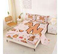 Loussiesd Cartoon Capybara Bed Sheets Set Single Size Initial Letter N Bed Set for Kids Boys Girls Cute Animals Deep Pocket Fitted Sheet Capybara Lovers Breathable Soft Lightweight Microfiber