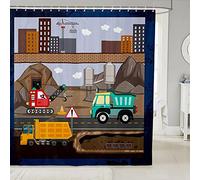 Loussiesd Cartoon Construction Excavator Bath Curtain Vehicles Truck Car Shower Curtain for Machinery Bulldozer Crane Bathroom Fabric Shower Curtain Set Waterproof Curtains 72x84 Inch