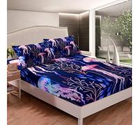 Loussiesd Cartoon Jellyfish Bed Sheet Set Ocean Creature Bedding Set Sealife Fitted Sheet for Boys Girls Children Teens Bedroom Decor Bed Cover Colourful King Size With 2 Pillow Case