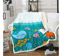 Loussiesd Cartoon Sea Turtle Sherpa Blanket Cute Dolphin Octopus Fish Plush Blanket for Sofa Bed Ocean Marine Wave Fleece Throw Blanket Sea Creatures Fuzzy Blanket Colorful Single 50x60 Inch