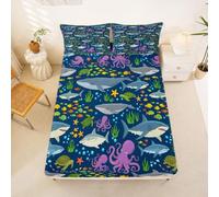 Loussiesd Cartoon Shark Fitted Sheet with 2 Pillowcases Double Size Octopus Bed Sheets Set 16" Deep Pocket Boys Girls Ocean Animal Bedding Teens Bedroom Decor Breathable Soft Lightweight Microfiber