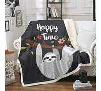 Loussiesd Cartoon Sloth Fleece Blanket - Cute Animal Pattern With Tree Branches and Floral Flowers - Sherpa Throw for Travel and Sofa - Fuzzy Plush 40x50 Inch