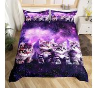 Loussiesd Cat Bedding Set Cute Pet Cats Pattern Bed Cover Outer Space Kawaii Kitten Duvet Cover for Children Kids Boys Girls Cartoon 3D Animal Theme Galaxy Purple Bedding Bedclothes King