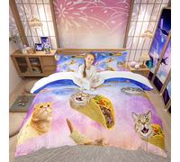 Loussiesd Cat Duvet Cover 3D Funny Animal Galaxy Bedding Set Chic Starry Sky Comforter Cover Boys Girls Children Funny Pizza Bedspread Cover Bedroom Decor King Size Lovely, Multicoloured 10032