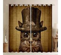 Loussiesd Cat Window Curtains Kids Retro Steampunk Style Curtain for Bedroom Living Room Mechanical Gearwheel Darkening Drapes Vintage Grid Window Treatments W46*L54