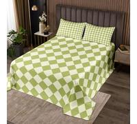 Loussiesd Checkered Bedspread 3 Pieces Double Size Green Plaid Vintage Coverlet Set Soft Cozy Simple Groovy Rhombus Lightweight Bedspread Coverlet for All Season With 2 Pillowcases