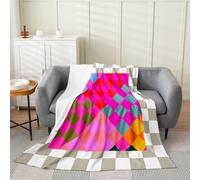 Loussiesd Checkered Geometric Flannel Fleece Throw Blanket Retro Rose Pink Beige Brown Plaid Single 50x60Inch Checkerboard Modern Aesthetic Fleece Throw Blanket for Kids Women Men Grey Bedroom Decor