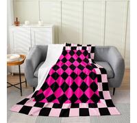 Loussiesd Checkered Geometric Flannel Fleece Throw Blanket Rose Pink Plaid Queen 90x90Inch Checkerboard Modern Aesthetic Fleece Throw Blanket for Kids Women Men Pink Bedroom Decor