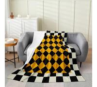 Loussiesd Checkered Geometric Fleece Throw Blanket Beige Yellow Plaid Flannel Blanket Plush Fuzzy Checkerboard Modern Aesthetic for Bed Couch Living Room Cute Retro Neutral Queen 90x90Inch Decor