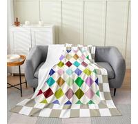 Loussiesd Checkered Geometric Fleece Throw Blanket Blue Green Pink Beige Brown Plaid Flannel Blanket Plush Fuzzy Checkerboard Modern Aesthetic for Bed Living Room Grey Queen 90x90Inch Bedroom Decor