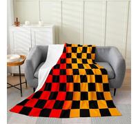 Loussiesd Checkered Retro Flannel Blanket Geometric Vintage Fleece Throw Blanket for Boys Girls Red Yellow Plush Lightweight Sofa Throw Modern Groovy Aesthetic Queen 90x90Inch for Bed Couch