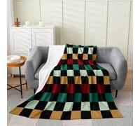 Loussiesd Checkered Retro Fleece Throw Blanket Green Red Yellow Plaid Flannel Blanket Plush Fuzzy Geometric Vintage for Bed Living Room Modern Simple Groovy Aesthetic Double 60x79Inch Bedroom Decor