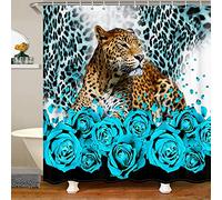 Loussiesd Cheetah Curtains with Hooks Blue Rose Flowers Waterproof Shower Curtains for Adults Botanical Floral Leopard Fabric Bathroom Shower Curtain Wildlife Home Curtain 180x200cm