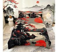 Loussiesd Cherry Blossom Duvet Cover Single Size Japan Style Bedding Set for Boys Girls Sunset Comforter Cover Black White Red Oriental Design Bedroom Decor 2Pcs