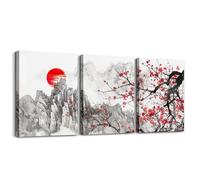 Loussiesd Cherry Blossoms Canvas Wall Art for Living Room Bedroom 40X30cm 3 Piece Japanese Style Wall Art for Home Decor Fuji Mountain Decor Picture Wall Decor Red Sun Ink Painting Down Wall Painting
