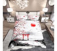 Loussiesd Cherry Blossoms Duvet Cover Set King Size Fuji Mountain Pattern Bedding Set Kids Boys Girls Sunset Nature Pattern Duvet Cover with 2 Pillowcases Japanese Style Bedding