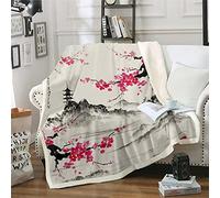 Loussiesd Cherry Blossoms Fleece Throw Blanket Japanese Fuji Mountain Sherpa Blanket for Kids Boys Girls Japanese Style Watercolor Vintage for Sofa Bed King 87"*94"